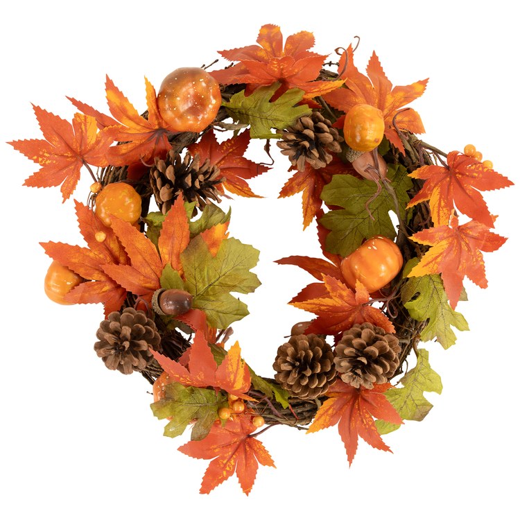 Artificial Wreath Maple Leaves with Pinecones and Pumpkins 12 Inch