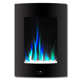 Electric Fireplace Vertical Wall Mount Black 19 Inch Includes Crystals Curved Tempered Glass 2 Settings