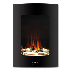 Electric Fireplace Vertical Wall Mount Black 19 Inch Includes Logs Curved Tempered Glass 2 Settings
