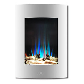 Electric Fireplace Vertical Wall Mount White 19 Inch Includes Logs Curved Tempered Glass