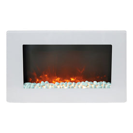 Electric Fireplace Callisto Wall Mount White 30 Inch Includes Crystals Flat Tempered Glass 2 Settings