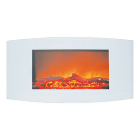 Electric Fireplace Callisto Curved Wall Mount White 35 Inch Includes Logs Curved Tempered Glass