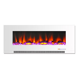 Electric Fireplace Wall Mount White 50 Inch Includes Logs Tempered Glass