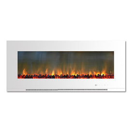 Electric Fireplace Metropolitan Wall Mount White 56 Inch Includes Logs Tempered Glass 2 Settings