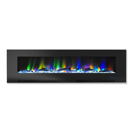 Electric Fireplace Wall Mount Black 60 Inch Includes Logs Tempered Glass