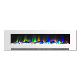 Electric Fireplace Wall Mount White 60 Inch Includes Logs Tempered Glass
