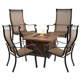 Monaco Five-Piece Fire Pit Chat Set with Sling Dining Chairs and Durastone Propane Fire Pit Table