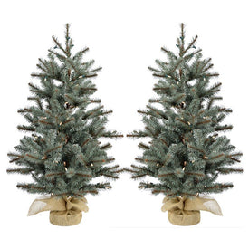 3-Ft. Heritage Pine Artificial Trees with Burlap Bases and LED String Lights Set of 2