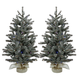 3-Ft. Heritage Pine Artificial Trees with Burlap Bases and Multi-Colored LED String Lights Set of 2