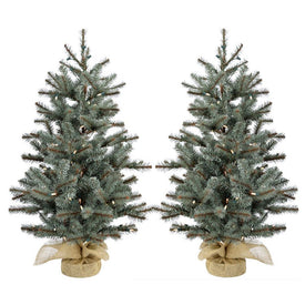 4-Ft. Heritage Pine Artificial Trees with Burlap Bases and LED String Lights Set of 2