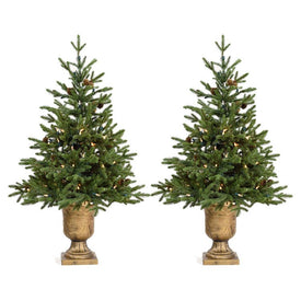 3-Ft. Noble Fir Artificial Trees with Metallic Urn Bases and Battery-Operated LED String Lights Set of 2