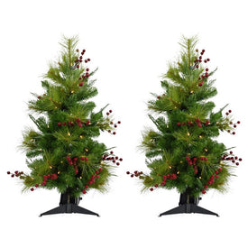 3-Ft. Newberry Pine Artificial Trees with Battery-Operated LED String Lights Set of 2