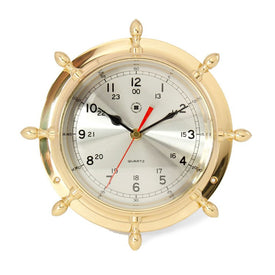 Lacquered Brass Ship's Wheel Quartz Clock with Beveled Glass