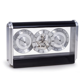 Lacquered Brass Oval Porthole Skeleton Movement Clock and Weather Station on Mahogany Wood