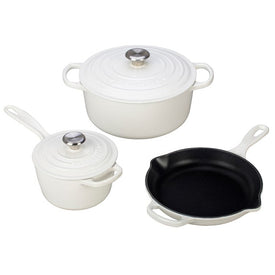 Signature Five-Piece Cast Iron Cookware Set with Stainless Steel Knobs - White