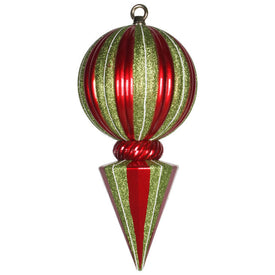 Vickerman 12" Red and Lime Striped Shiny Ball Finial Ornament with Glitter Accents