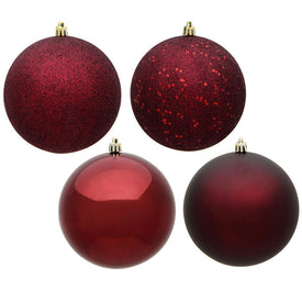 10" Burgundy Four-Finish Ball Christmas Ornaments 4 Per Bag