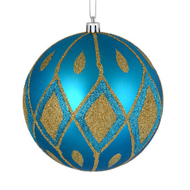 6" Turquoise Matte Ball with Glitter Diamond Pattern 3 Per Bag
