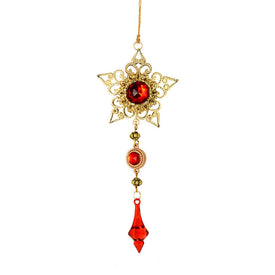 6.5" Red Jewel Metal Star Ornament with Dangle Accents Set of 2