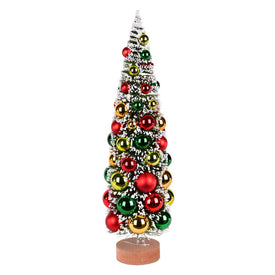 18" Vintage Tabletop Frosted Green Tree with Red, Frosted Green, and Gold Ornaments and Wood Base