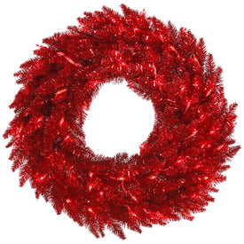 24" Pre-Lit Red Tinsel Artificial Fir Christmas Wreath with 50 Red LED Lights