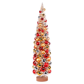 24" Vintage Tabletop Frosted Gold Tree with Red, Gold and Silver Ornaments and Wood Base