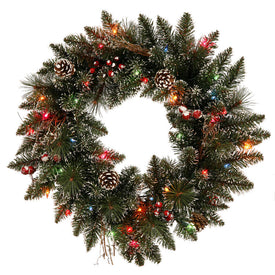 24" Pre-Lit Snow-Tipped Pine and Berry Artificial Christmas Wreath with 35 Multi-Colored Lights