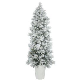 7' Pre-Lit Potted Flocked Castle Pine Artificial Christmas Tree with Warm White Dura-Lit LED Lights