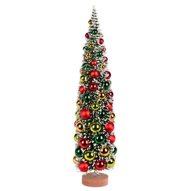 24" Vintage Tabletop Frosted Green Tree with Red, Frosted Green, and Gold Ornaments and Wood Base