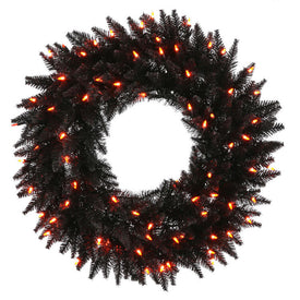 24" Pre-Lit Black Fir Artificial Christmas Wreath with 50 Orange Lights