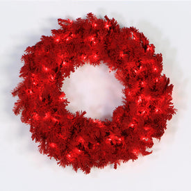 24" Pre-Lit Flocked Red Fir Artificial Christmas Wreath with 50 Red LED Lights