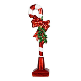 37" Red and White Candy Cane with Red Bow, Bell, and Holly Figure