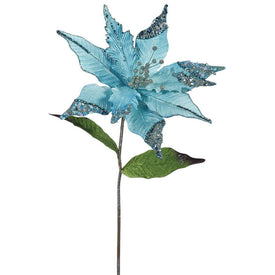 26" Sea Blue Velvet Poinsettia Artificial Christmas Picks 3 Per Bag