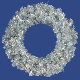 24" Pre-Lit Silver Artificial Christmas Wreath with 50 Clear Lights
