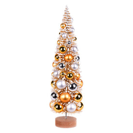 18" Vintage Tabletop Frosted Gold Tree with Gold and Silver Ornaments and Wood Base