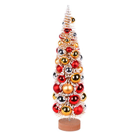 18" Vintage Tabletop Frosted Gold Tree with Red, Gold and Silver Ornaments and Wood Base