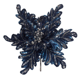 17" Blue Pearl Glitter Poinsettia Artificial Christmas Picks 3 Per Bag