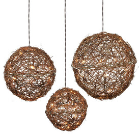 Lighted Rattan Balls with Brown Wire Set of 3