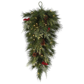 32" Pre-Lit Grove Mixed Pine Teardrop with Berries, Pine Cones and 50 Warm White LED Lights