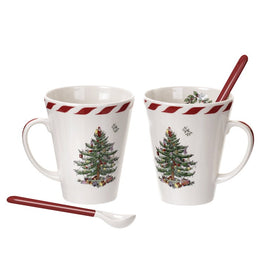 Spode Christmas Tree Peppermint Mugs with Spoons Set of 2