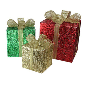 15" Lighted Glistering Gift Box Christmas Outdoor Decor Set of 3