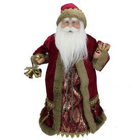 18" Gold and Burgundy Red Santa Claus Holding a Gift Box Tree Topper - Unlit