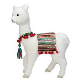 14" White Plush Bohemian Standing Llama Christmas Figure with Pom-Poms