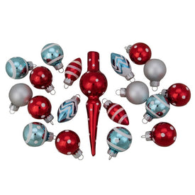 5.25" Red and Blue Frosted Glass Christmas Ornaments and Tree Topper Set 19-Count