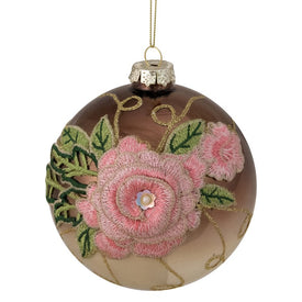 Two-Finish Brown and Pink Floral Applique Glass Christmas Ball Ornament 5" (125mm)