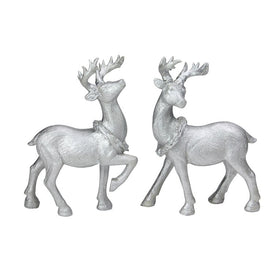Silver Glitter Dusted Christmas Table Top Reindeer Figures Set of 2