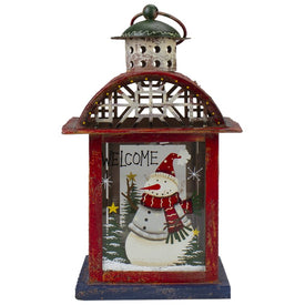 9.75" Red White and Gray Snowman "Welcome" Christmas Lantern