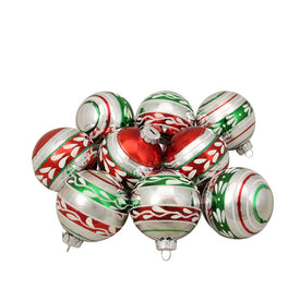 2.75" Shiny Silver with Red and Green Glitter Striped Vintage Christmas Ornaments 9-Count