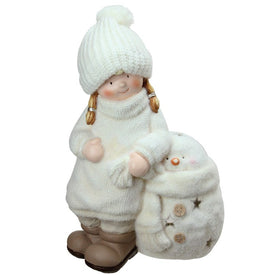17.25" White Tealight Snowman with Standing Girl Christmas Candle Holder