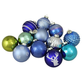 4" Blue and Green Two-Finish Glass Christmas Ball Ornaments 12-Count